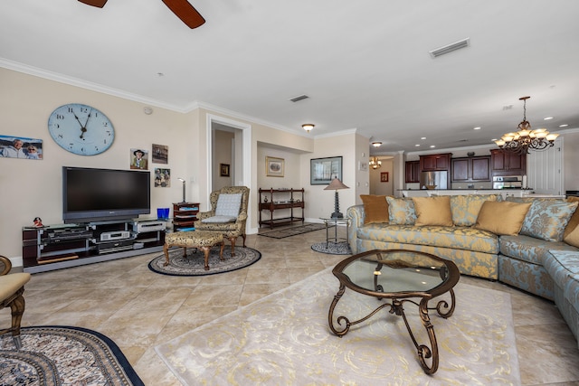 living room with ceiling fan with notable chandelier, light tile floors, and ornamental molding