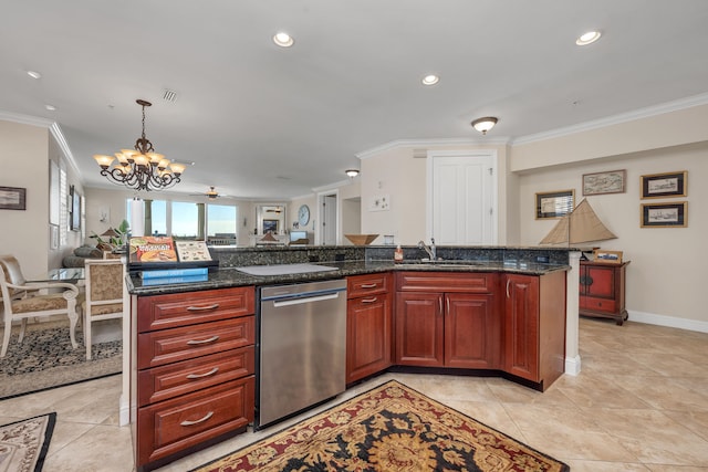 kitchen featuring sink, dishwasher, a chandelier, and dark stone counters