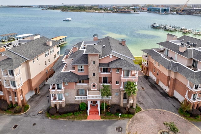 drone / aerial view with a water view