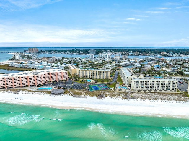 aerial view featuring a water view and a beach view