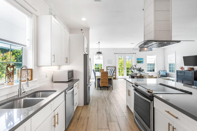 kitchen with appliances with stainless steel finishes, sink, ventilation hood, and white cabinets