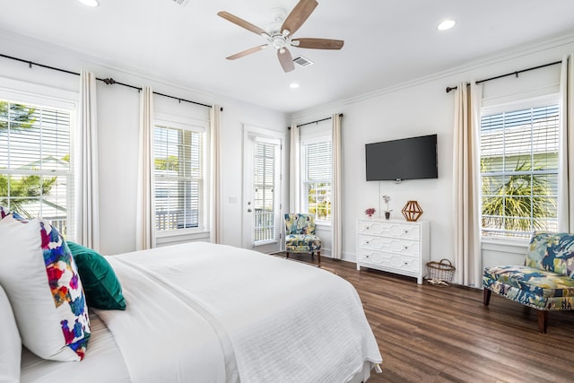 bedroom with dark hardwood / wood-style floors, ceiling fan, access to outside, and ornamental molding