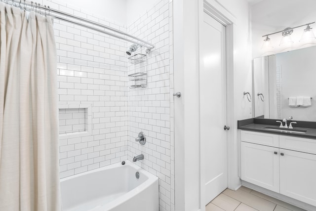 bathroom with shower / bath combo, tile flooring, and large vanity