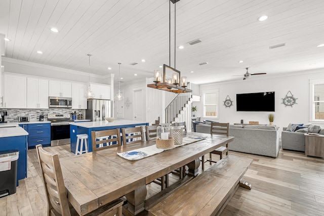 dining space with ceiling fan with notable chandelier, crown molding, light hardwood / wood-style flooring, wooden ceiling, and sink