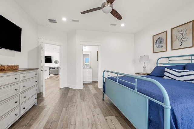 bedroom featuring ceiling fan and light wood-type flooring