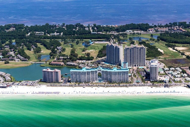 bird's eye view with a beach view and a water view