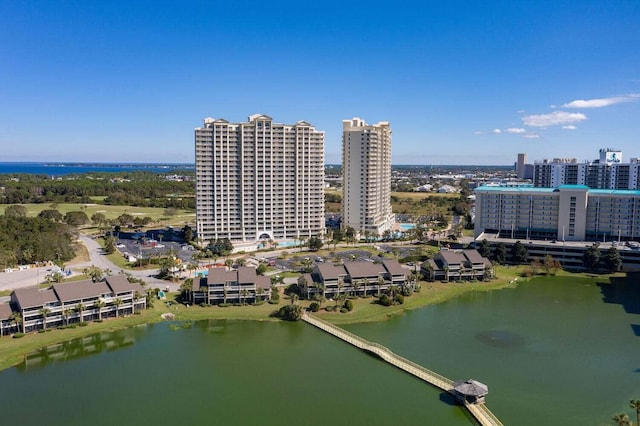 drone / aerial view featuring a water view