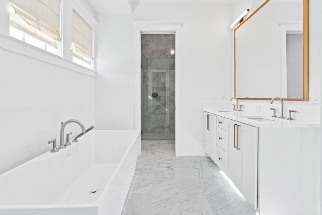 bathroom featuring tile floors, dual vanity, and shower with separate bathtub