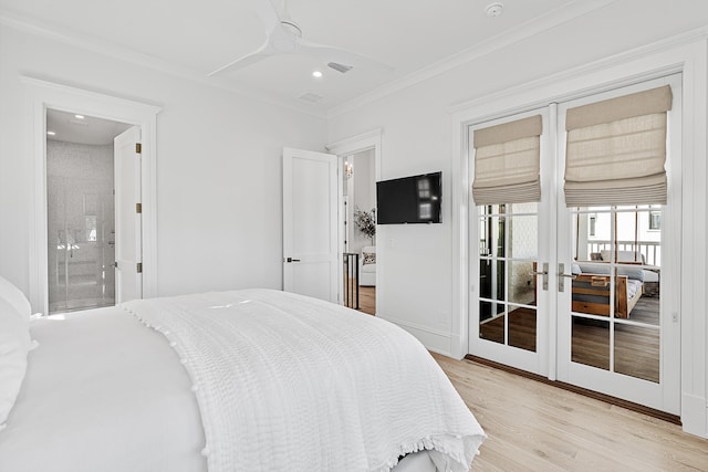 bedroom featuring ceiling fan, light hardwood / wood-style flooring, access to exterior, ornamental molding, and french doors