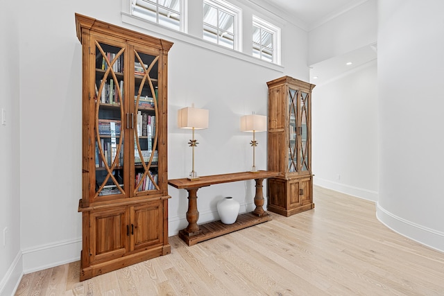 corridor with light hardwood / wood-style floors, a high ceiling, and crown molding