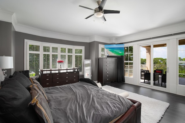 bedroom featuring dark hardwood / wood-style floors, ceiling fan, access to exterior, and crown molding