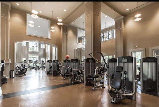 exercise room featuring crown molding and a towering ceiling