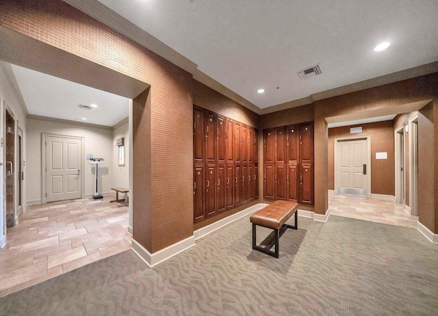 corridor featuring light colored carpet and ornamental molding