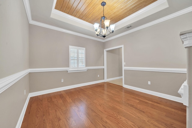 spare room with a tray ceiling, wooden ceiling, wood-type flooring, and ornamental molding