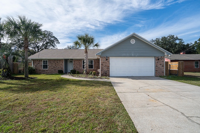 ranch-style home with a garage and a front yard