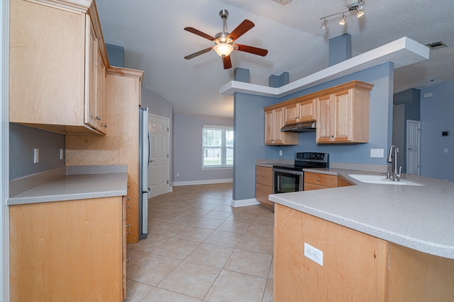 kitchen featuring lofted ceiling, ceiling fan, track lighting, and a textured ceiling