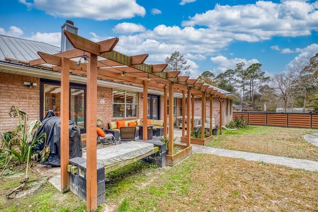 view of yard featuring outdoor lounge area and a pergola