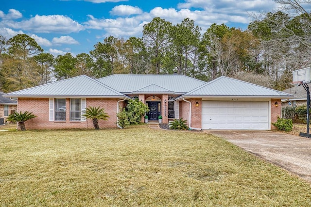 ranch-style home with a garage and a front lawn