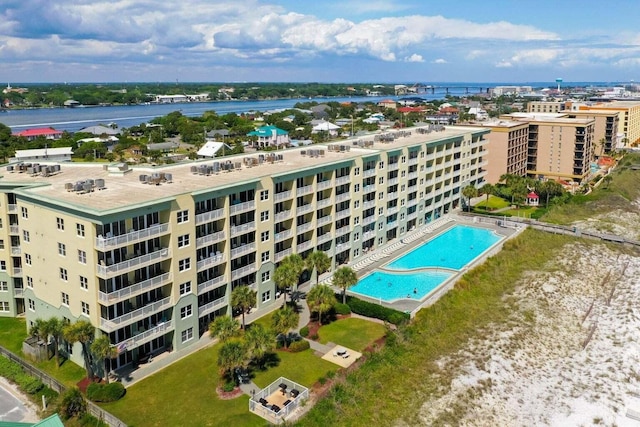 aerial view featuring a water view