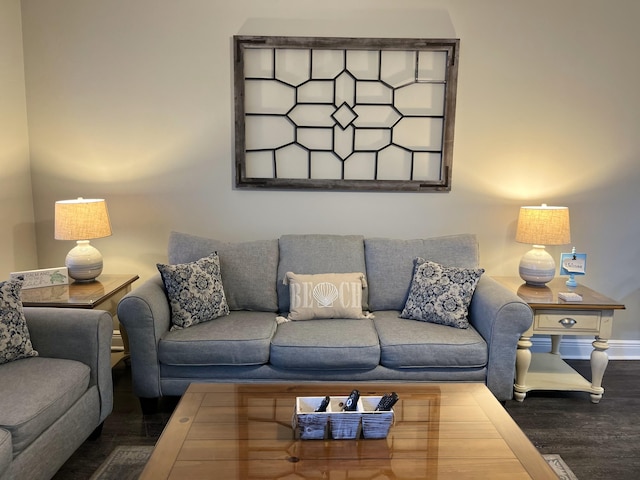 living room with dark hardwood / wood-style floors