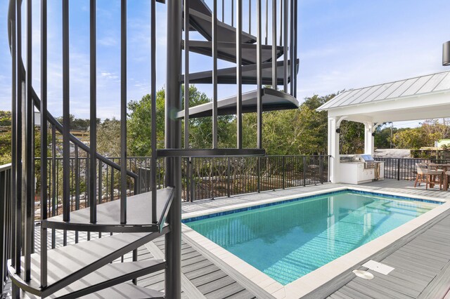 view of swimming pool with exterior kitchen