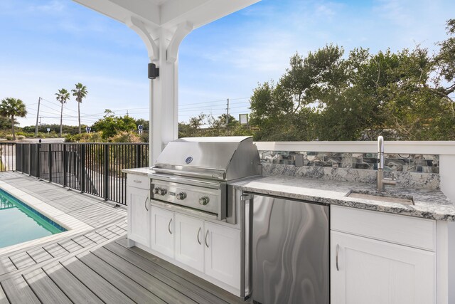 view of patio / terrace with a fenced in pool, an outdoor kitchen, area for grilling, and sink