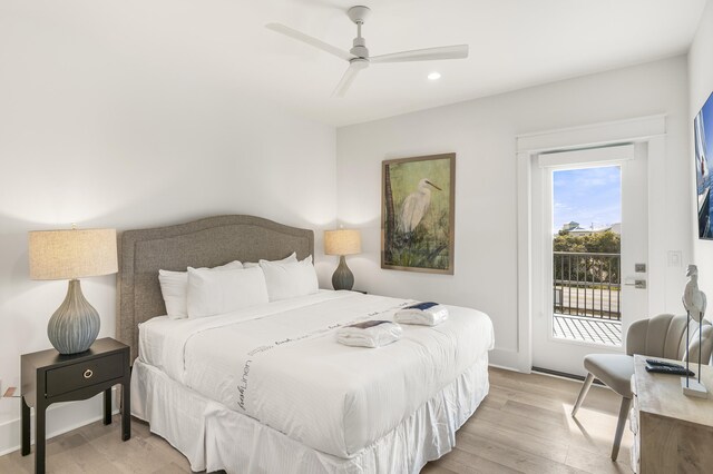 bedroom with ceiling fan, access to exterior, and light hardwood / wood-style floors