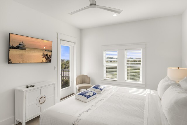 bedroom with ceiling fan and access to exterior