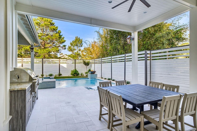 view of patio with a fenced in pool, area for grilling, ceiling fan, and a grill