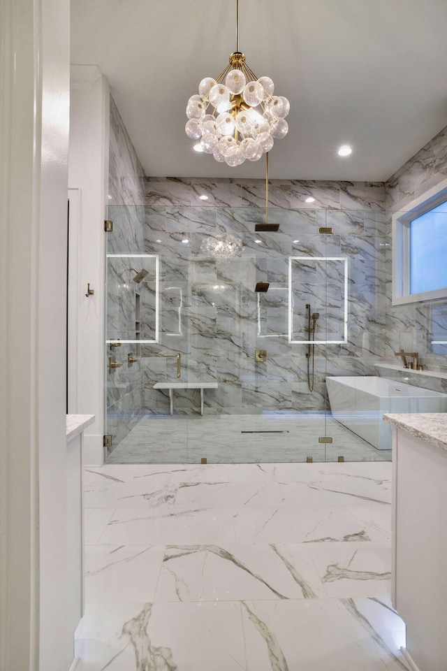 bathroom with an inviting chandelier, an enclosed shower, tile floors, and vanity