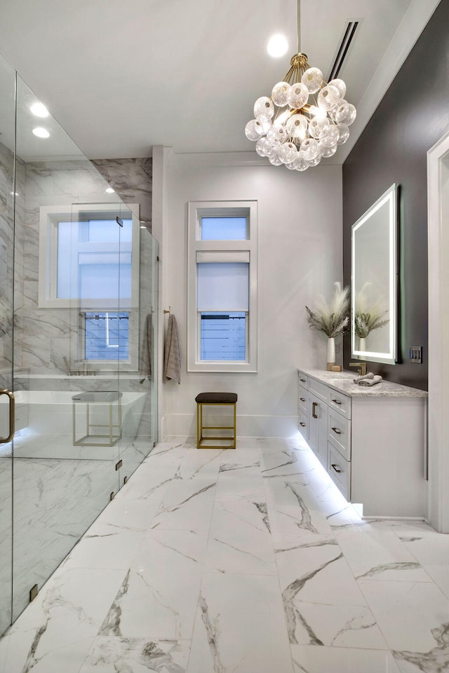 bathroom with an enclosed shower, vanity, a healthy amount of sunlight, tile floors, and an inviting chandelier