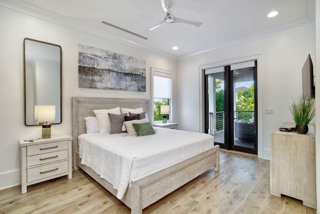 bedroom with light wood-type flooring, french doors, access to exterior, ornamental molding, and ceiling fan