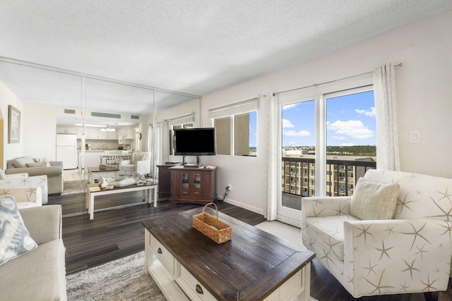 living room with dark hardwood / wood-style flooring and a textured ceiling