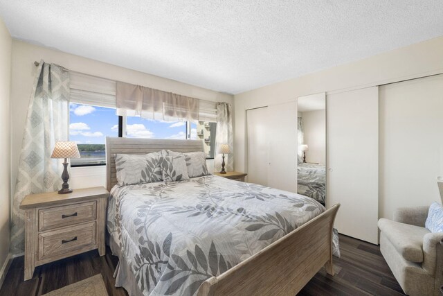 bedroom with dark hardwood / wood-style flooring and a textured ceiling