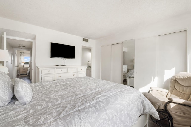 bedroom with multiple closets and a textured ceiling