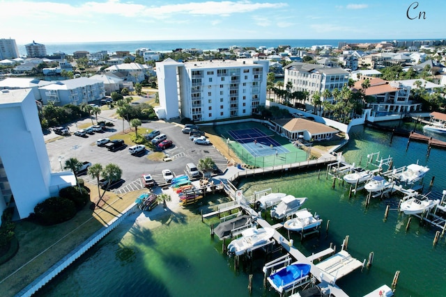 bird's eye view with a water view