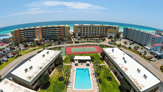 bird's eye view with a water view