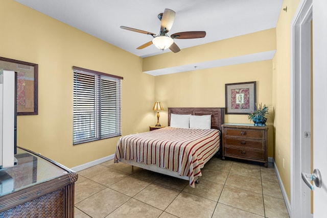 bedroom with light tile patterned floors and ceiling fan