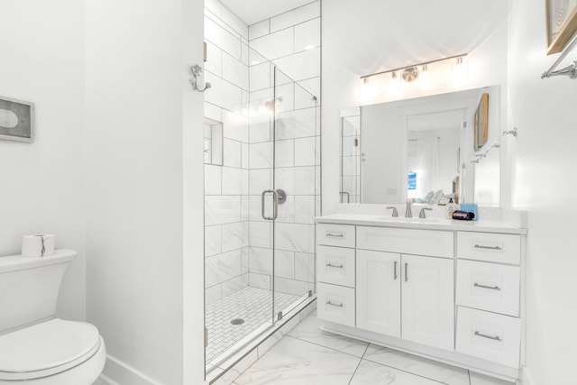 bathroom featuring walk in shower, vanity, toilet, and tile flooring