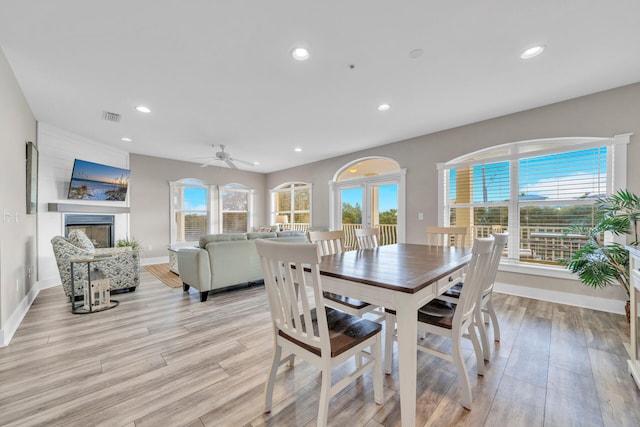 dining room featuring a healthy amount of sunlight, ceiling fan, and light wood-type flooring