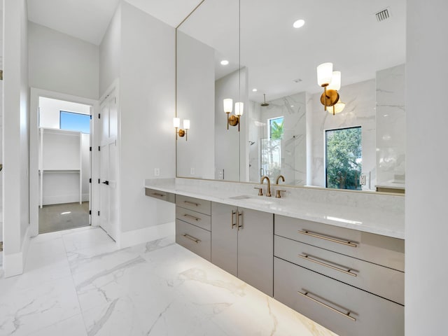 330 Kelly Plantation Dr, Destin, FL 32541 - full bathroom with marble tiled flooring, vanity, healthy amount of natural light, a marble finish shower, and recessed lighting