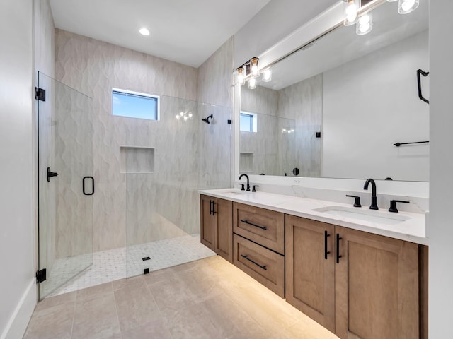 330 Kelly Plantation Dr, Destin, FL 32541 - bathroom with a marble finish shower, double vanity, and tile patterned flooring