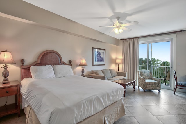 bedroom with ceiling fan, access to outside, and light tile floors