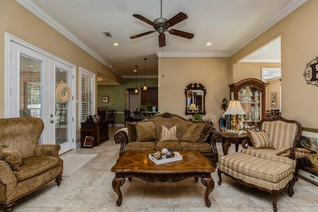 tiled living room featuring french doors, crown molding, and ceiling fan