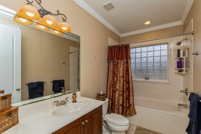 full bathroom featuring vanity, shower / bathtub combination with curtain, toilet, and crown molding