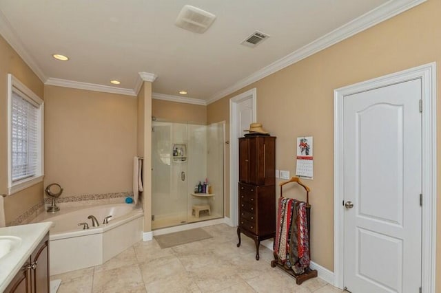 bathroom with independent shower and bath, crown molding, vanity, and tile floors