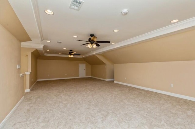 bonus room featuring light carpet, lofted ceiling, and ceiling fan