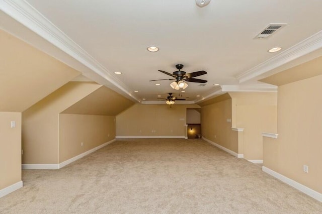 bonus room featuring light colored carpet and ceiling fan