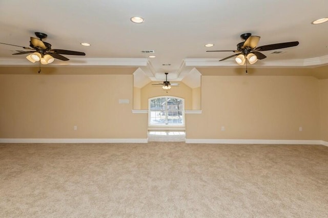 carpeted empty room with ceiling fan and ornamental molding