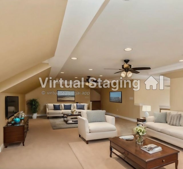 carpeted living room featuring ceiling fan